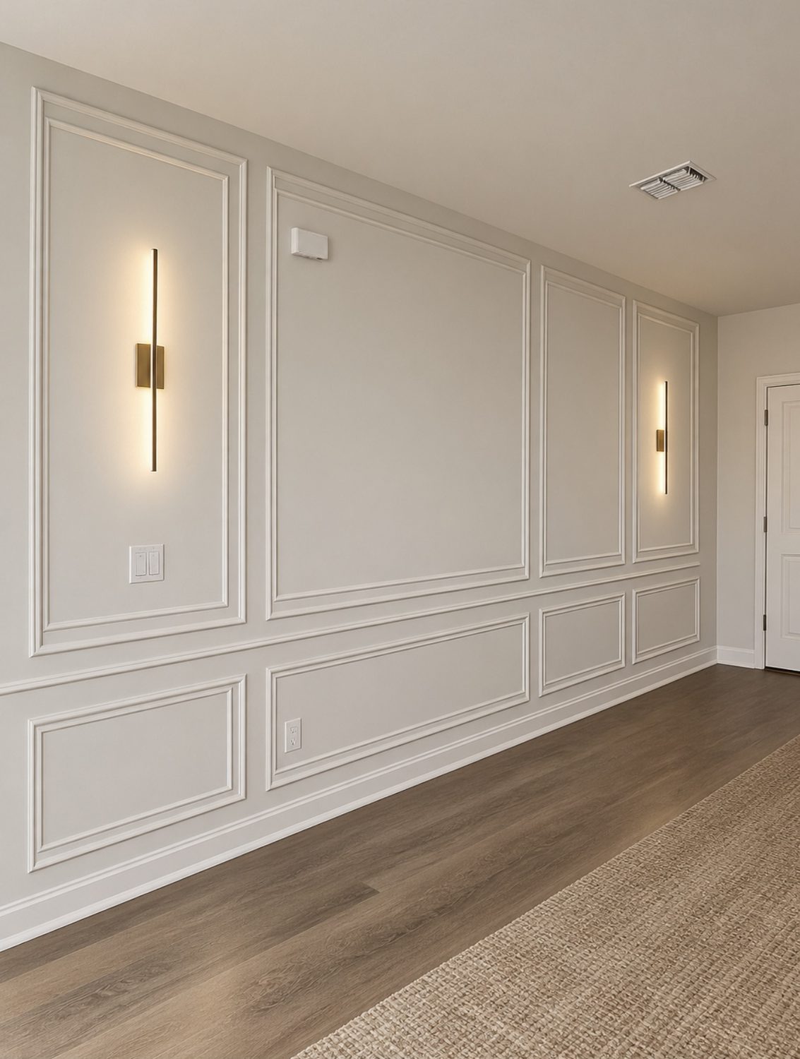 Picture-frame paneling with brass wall sconces