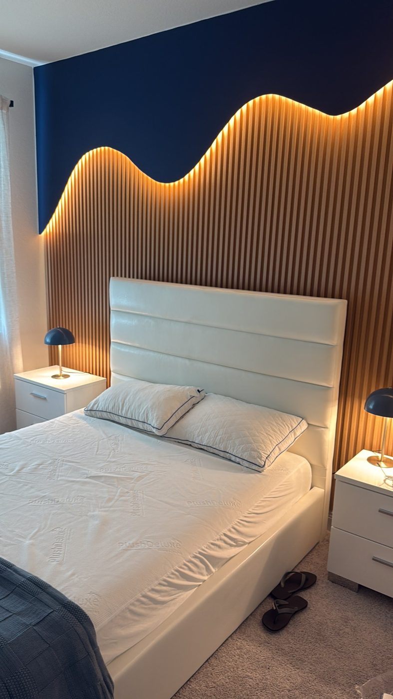 Bedroom accent wall with wood slats cut in a wave shape, navy paint and hidden LED lighting